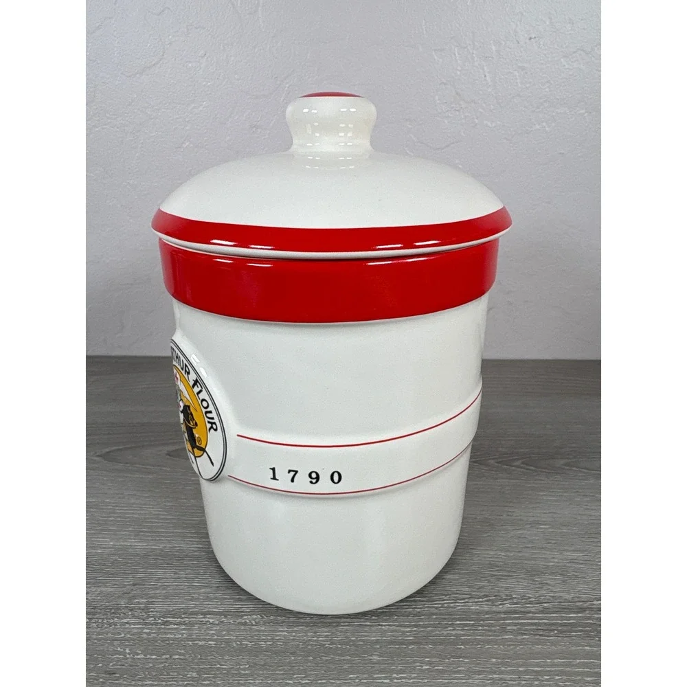 King Arthur Flour 1 Qt Ceramic Canister Crock Jar w/Lid Chantal Red Rim